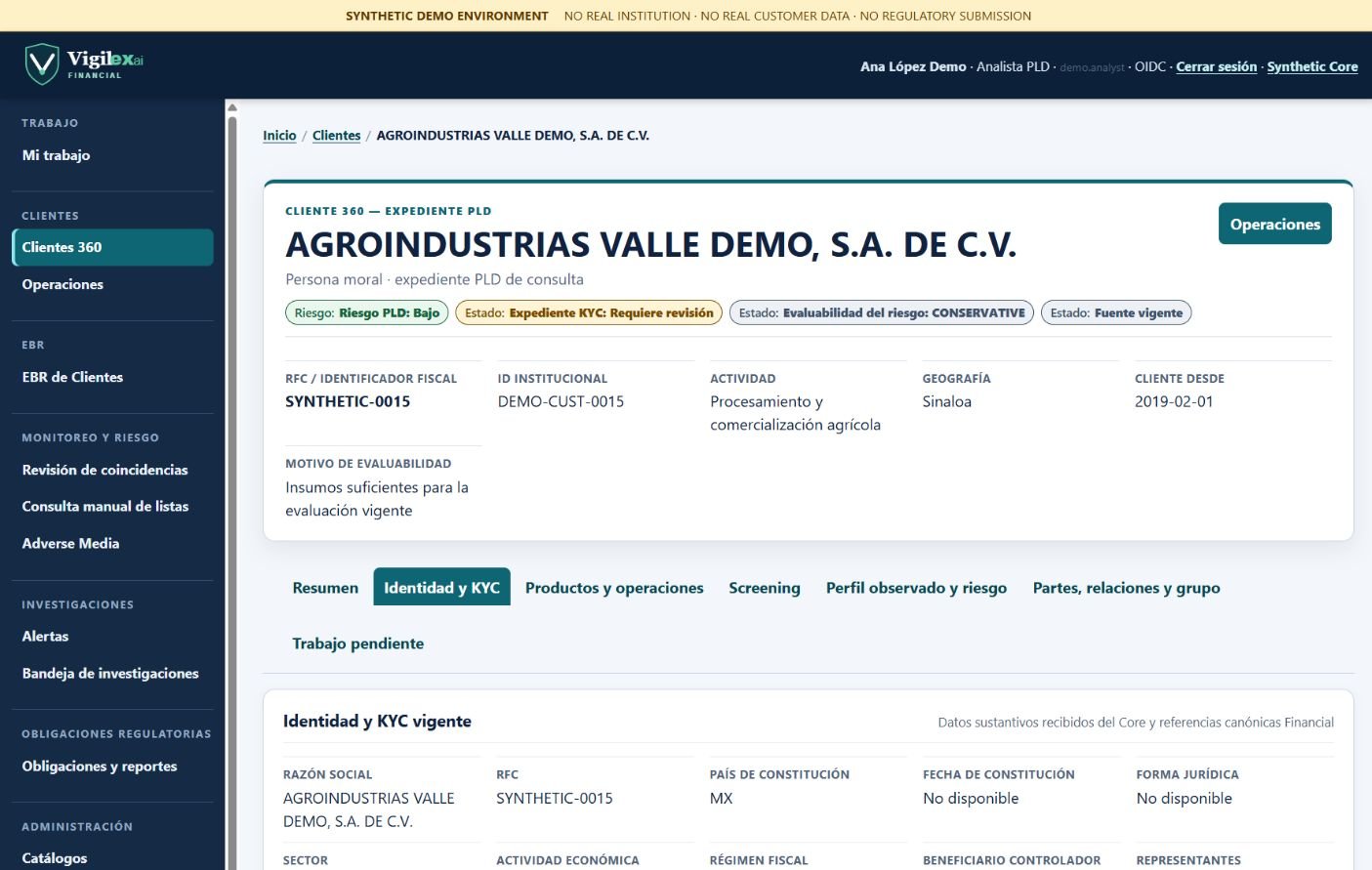 Cliente 360 en Vigilex.ai Financial con expediente PLD, riesgo, KYC y screening