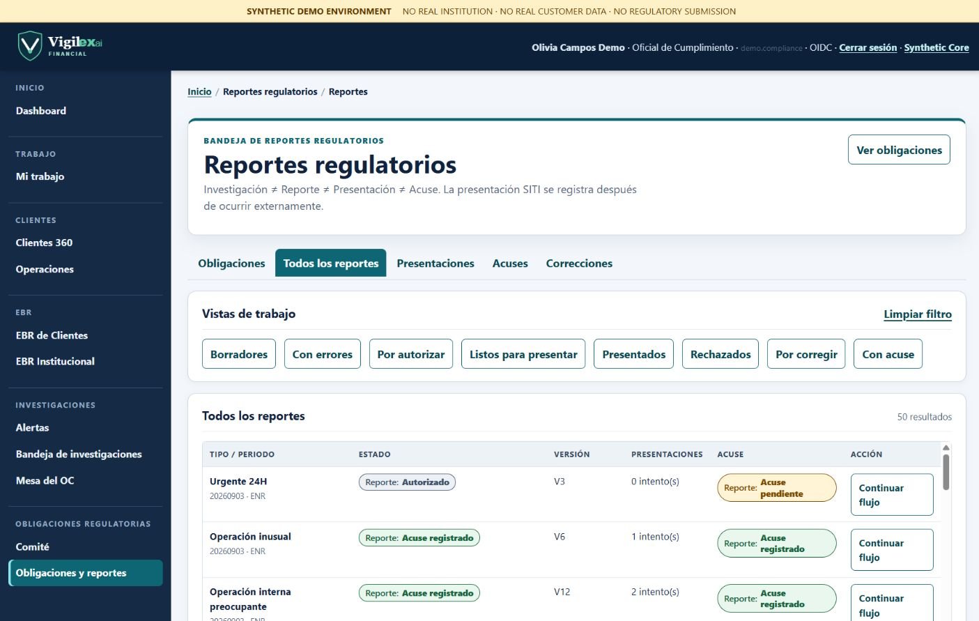 Bandeja de reportes regulatorios en Vigilex.ai Financial con obligaciones, presentaciones y acuses